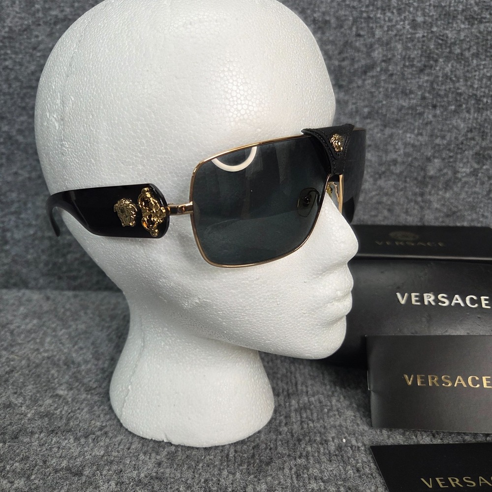Versace Squared Baroque Gold Medusa Grey Lens Sunglasses (2207Q) with Case
